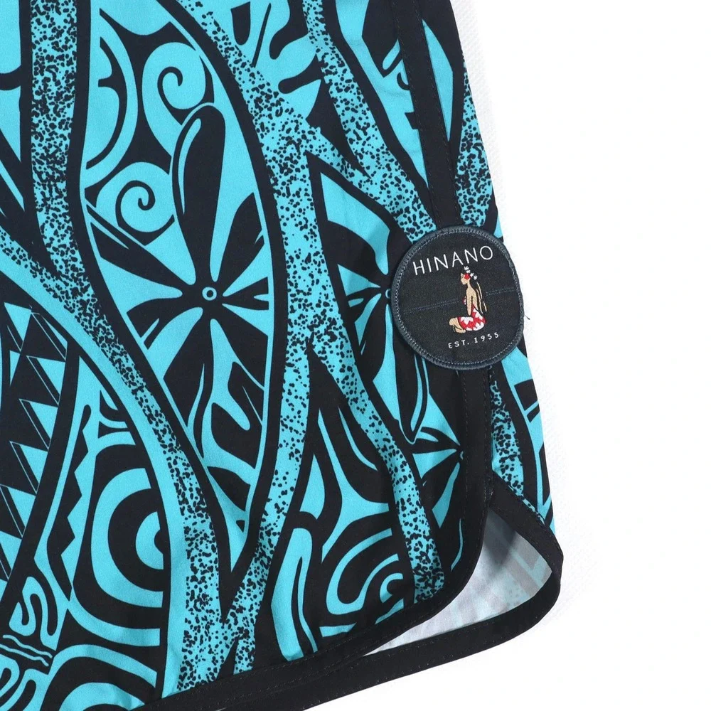 Hinano Tahiti Board Shorts Mens 32 Turquoise Black Tribal Print Stretch Surfing